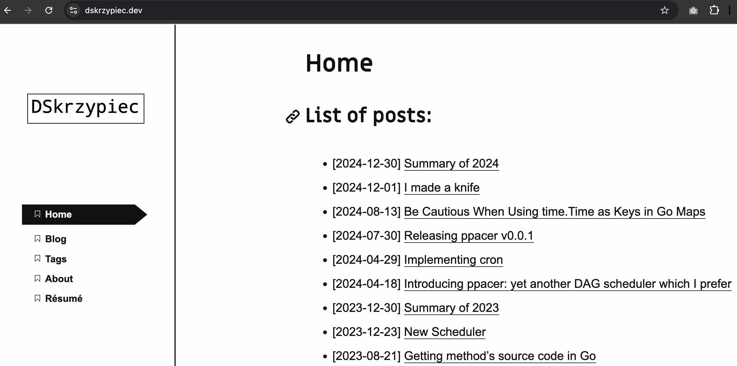Screenshot of old Hugo version of the blog
